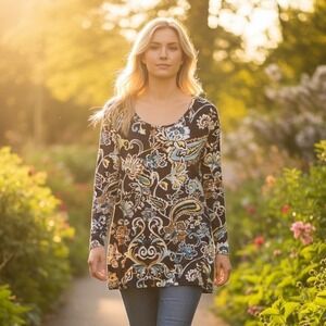 Chico's Paisley Floral Tunic Top Womens Size 3 (XL) Navy Boho 3/4 Sleeve